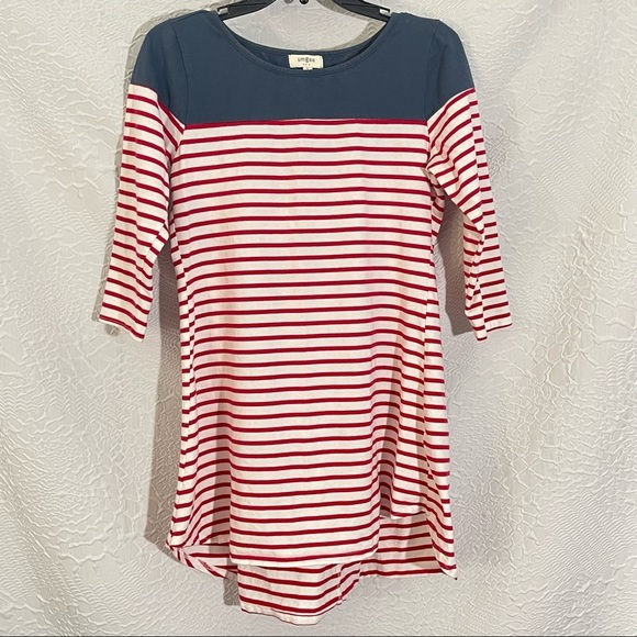 Umgee 3/4 Sleeve Red White & Blue Striped High Low Scoop Neck Dress - Picture 2 of 8